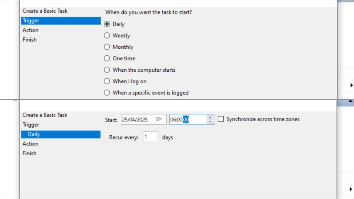 Thiết lập Trigger để xác định thời gian, ngày và tần suất thực hiện.