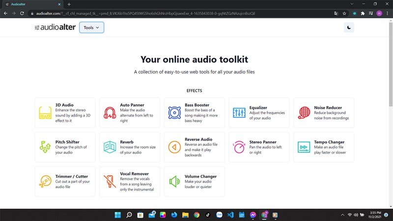 Giao diện website Audioalter, mục chọn hiệu ứng 8D Audio