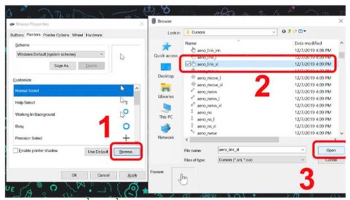 Cửa sổ Browse để chọn kiểu con trỏ tùy chỉnh