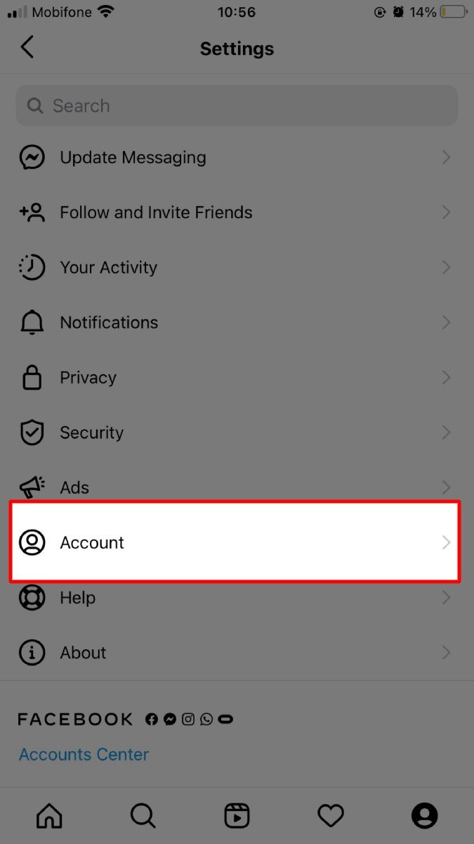 Chọn mục Account trong cài đặt Instagram