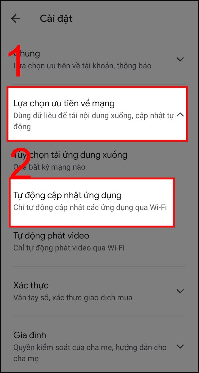 Lựa chọn ưu tiên về mạng và Tự động cập nhật ứng dụng trong Google Play để tắt tự động cập nhật