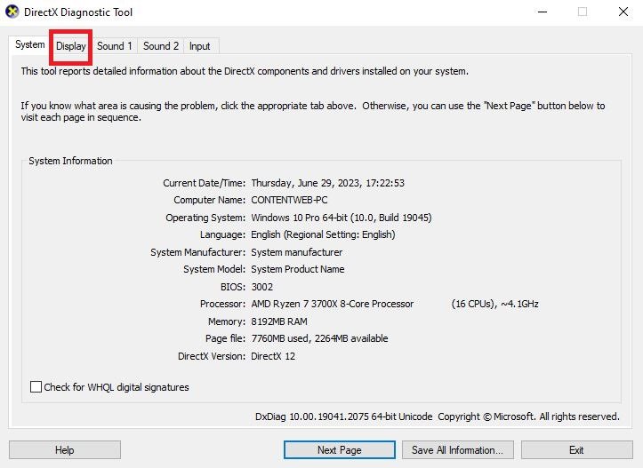 Màn hình DirectX Diagnostic Tool hiển thị thông tin card đồ họa
