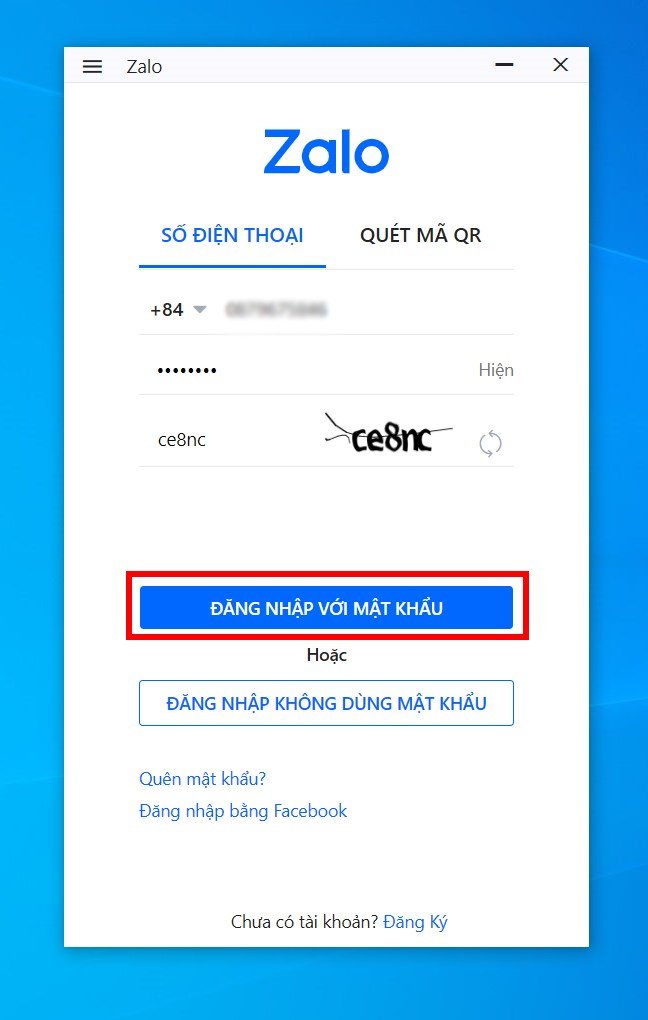Zalo đăng nhập trên máy tính, nhấn đăng nhập với mật khẩu Zalo PC