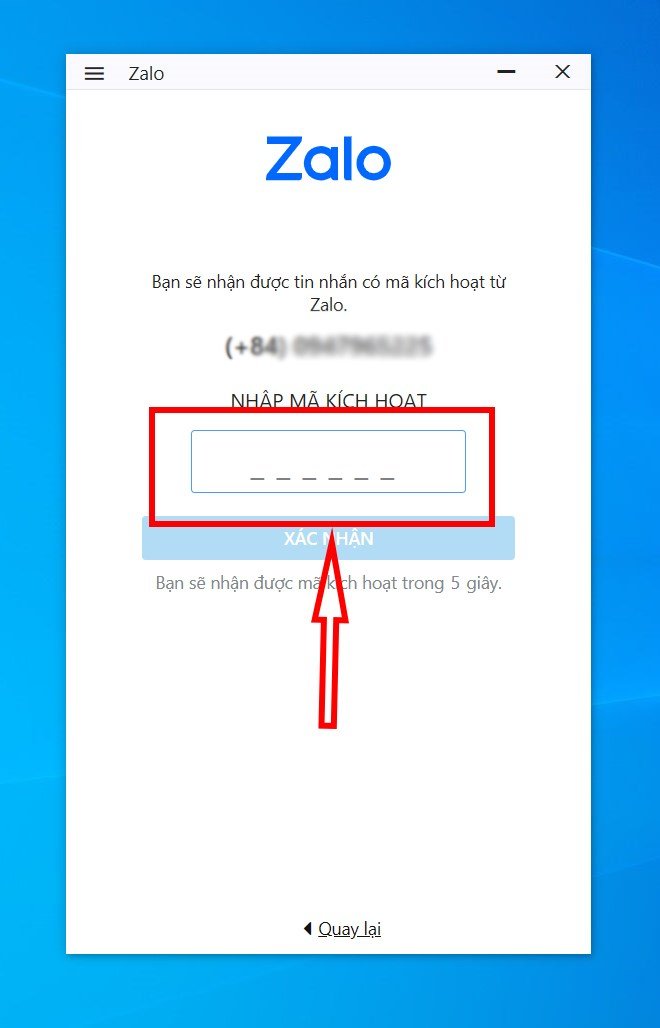 Zalo đăng nhập trên máy tính, nhập mã kích hoạt Zalo