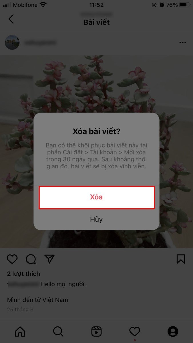 Nhấn nút Xóa để xác nhận gỡ bài viết trên Instagram điện thoại