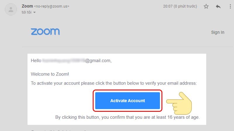 Thư kích hoạt tài khoản Zoom trong hộp thư điện tử