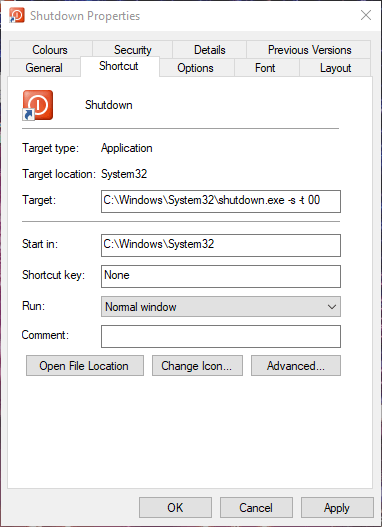 Cửa sổ Properties của Shortcut, cho phép tùy chỉnh các thuộc tính.