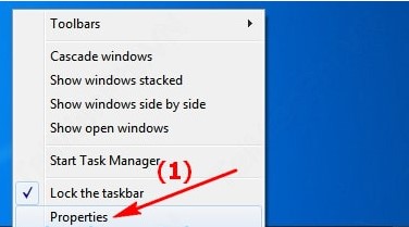 Ẩn hiện thanh Taskbar Windows 7: Bước 1 - Chọn Properties Bước 1 - Chọn Properties