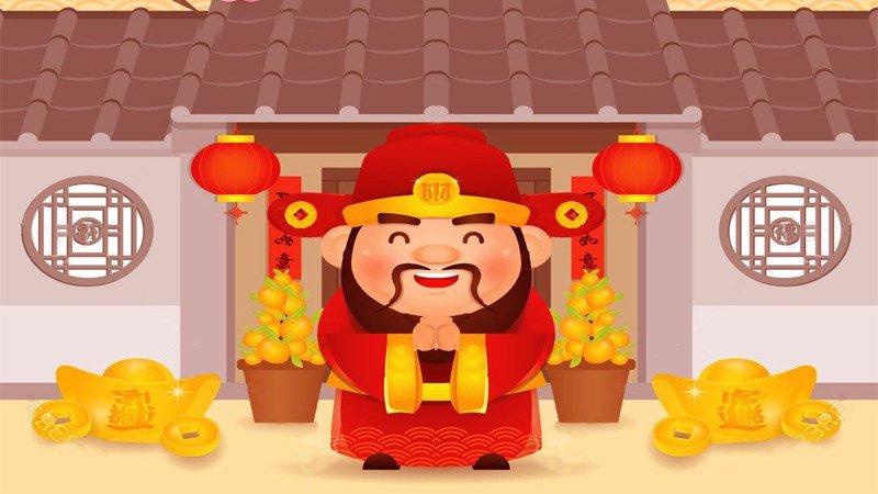 Ảnh nền máy tính phong thủy hình Thần Tài với vàng thỏi