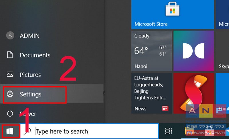 Vào Start và chọn Settings