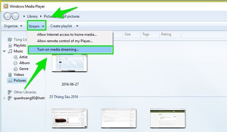 Bật tính năng chia sẻ đa phương tiện DLNA trên Windows Media Player để kết nối máy vi tính với tivi