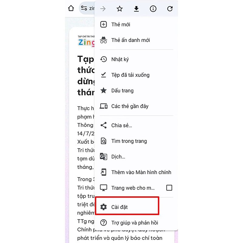 Bước 2 bật cookie trên điện thoại: Chọn Cài đặt trong Chrome mobile