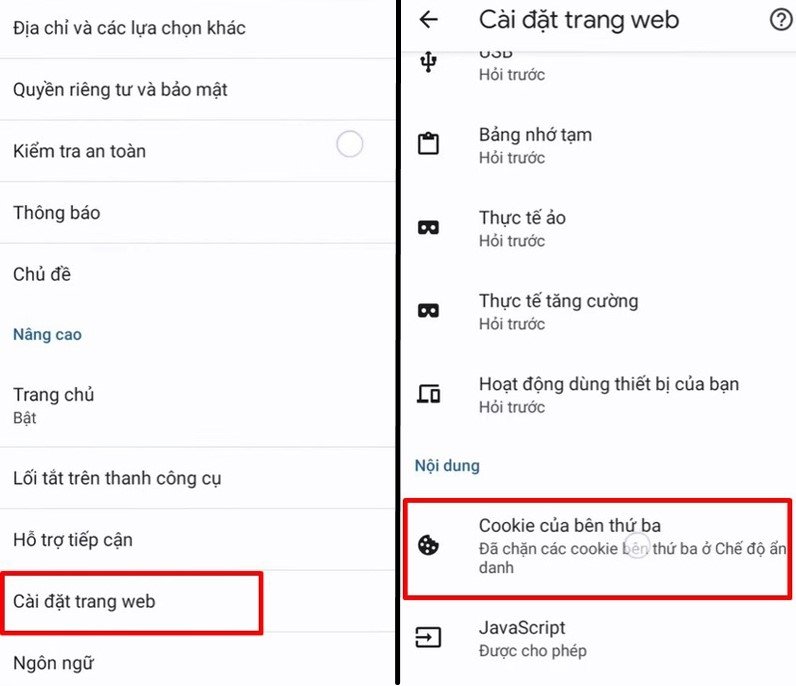 Bước 3 bật cookie trên điện thoại: Chọn Cài đặt trang web và Cookie