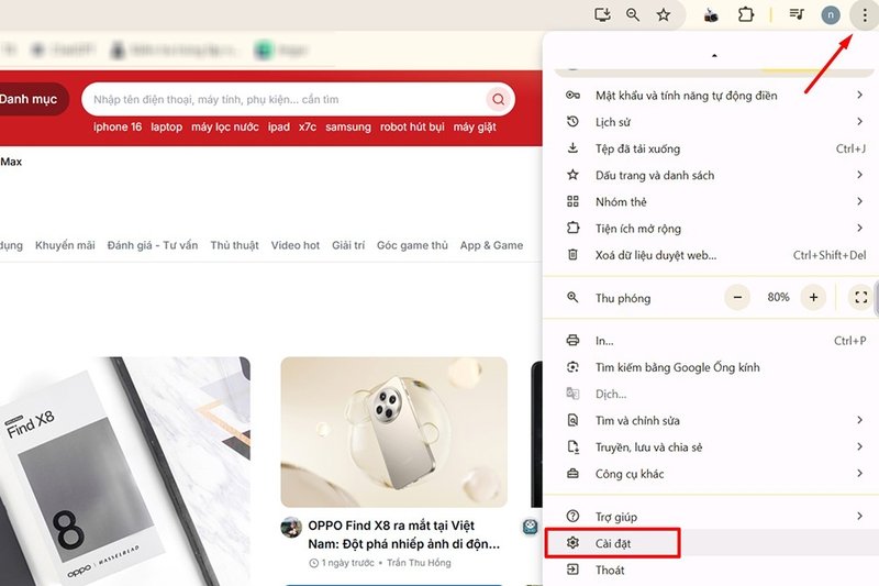 Bước 1 hướng dẫn bật cookie trên máy tính: Chọn Cài đặt trong Chrome