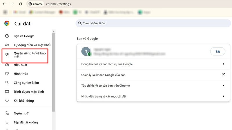 Bước 2 bật cookie trên máy tính: Chọn Quyền riêng tư và bảo mật