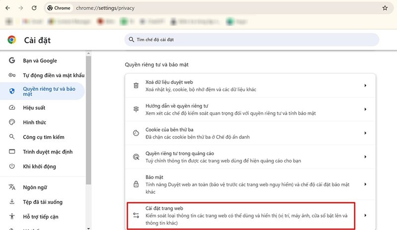 Bước 3 bật cookie trên máy tính: Chọn Cài đặt trang web