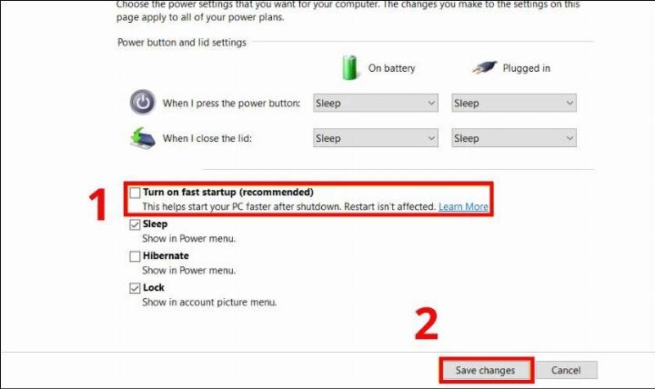 Bỏ chọn Turn on fast startup để khắc phục lỗi treo màn hình