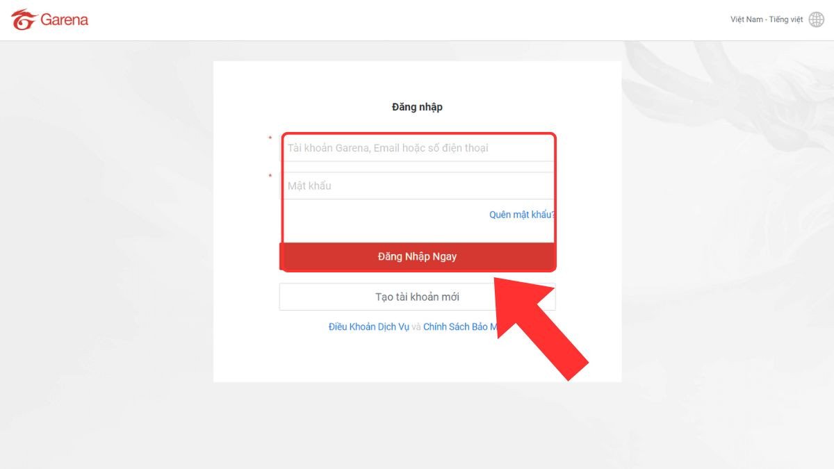 Bước 1 đăng nhập tài khoản Garena để đổi mật khẩu Liên Quân trên máy tính