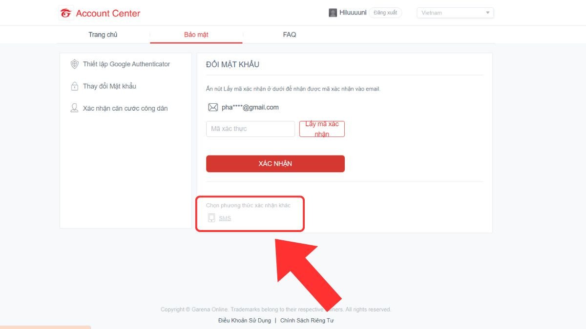 Bước 3 chọn xác nhận SMS để đổi mật khẩu Liên Quân trên máy tính