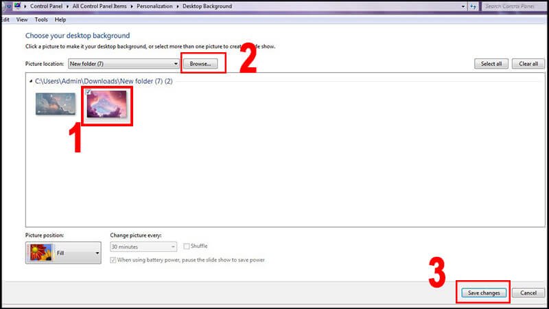 Bước 3 chọn ảnh và lưu thay đổi hình nền cho máy tính Windows 7