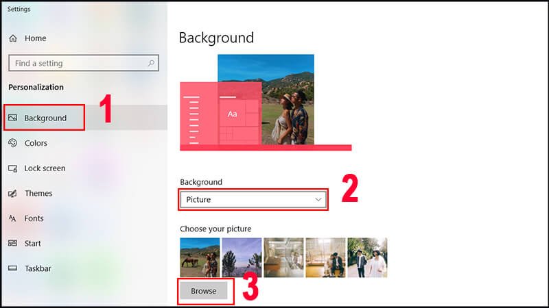 Bước 2 chọn mục Background và Picture để đổi hình nền Windows 10