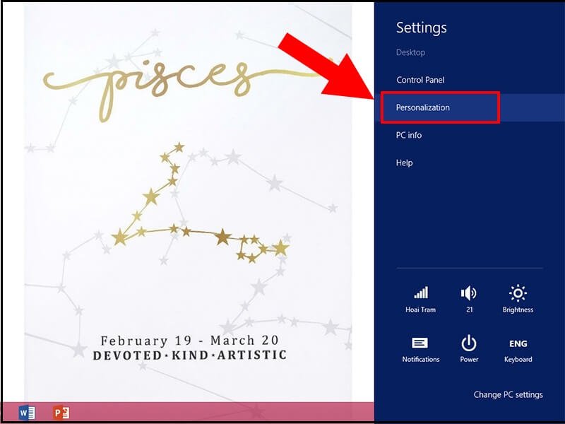 Bước 2 chọn Personalization trong cài đặt Windows 8 để đổi hình nền