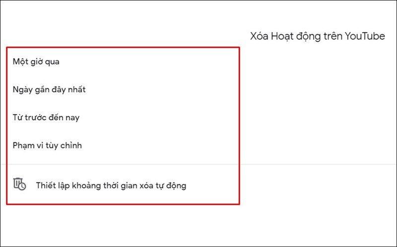 Các tùy chọn xóa lịch sử YouTube