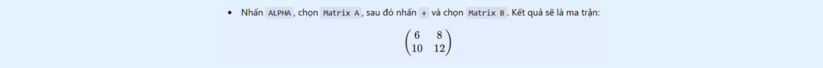 Kết quả phép cộng ma trận A và B trên máy tính Casio FX 580VN