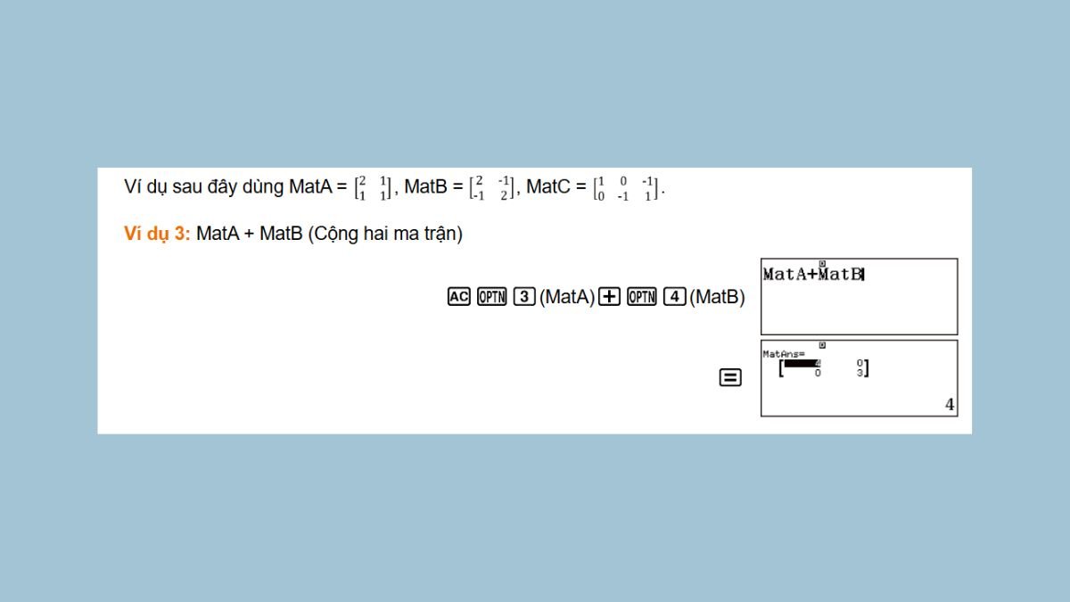 Ví dụ cộng hai ma trận MatA và MatB trên máy tính Casio FX 580VN