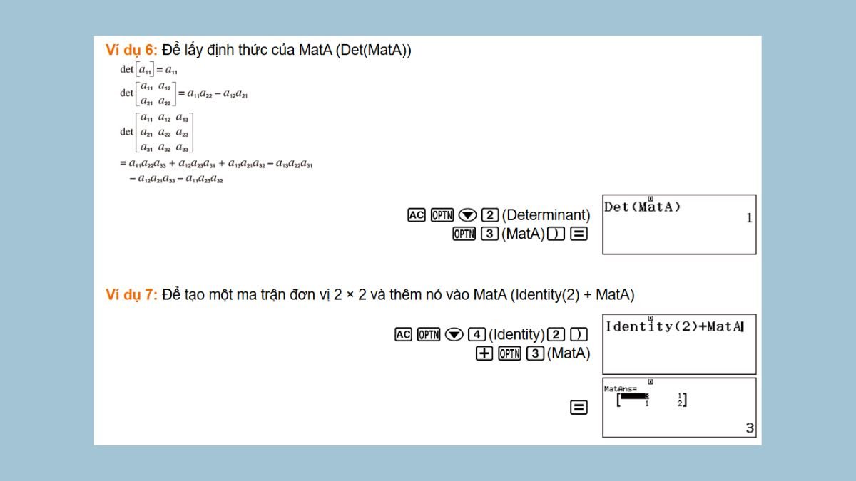 Ví dụ tính định thức của ma trận A trên máy tính Casio FX 580VN