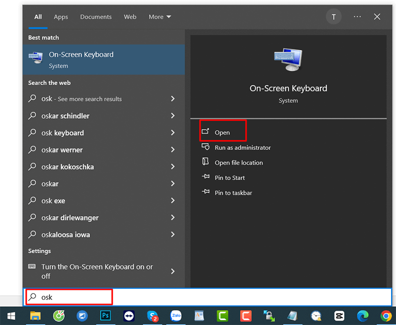 Hướng dẫn bật bàn phím ảo Windows 10 qua tìm kiếm Start Menu