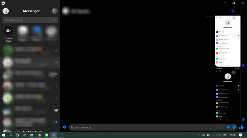 Minh họa giao diện Dark Mode Messenger trên ứng dụng máy tính