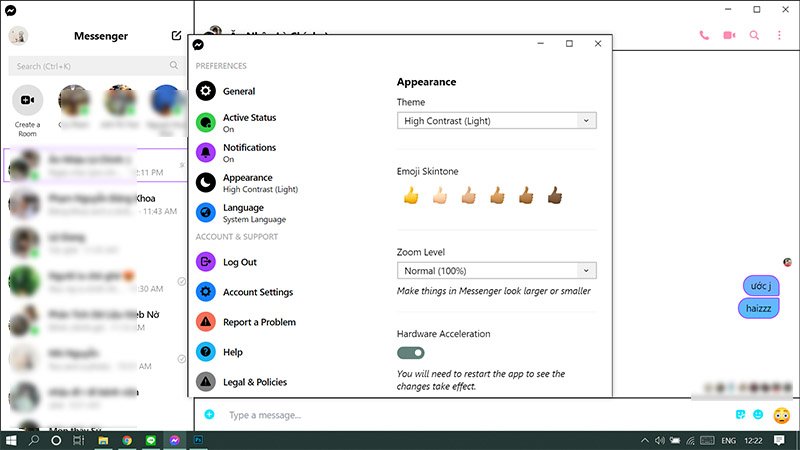 Minh họa chế độ High Contrast Light cho Dark Mode Messenger