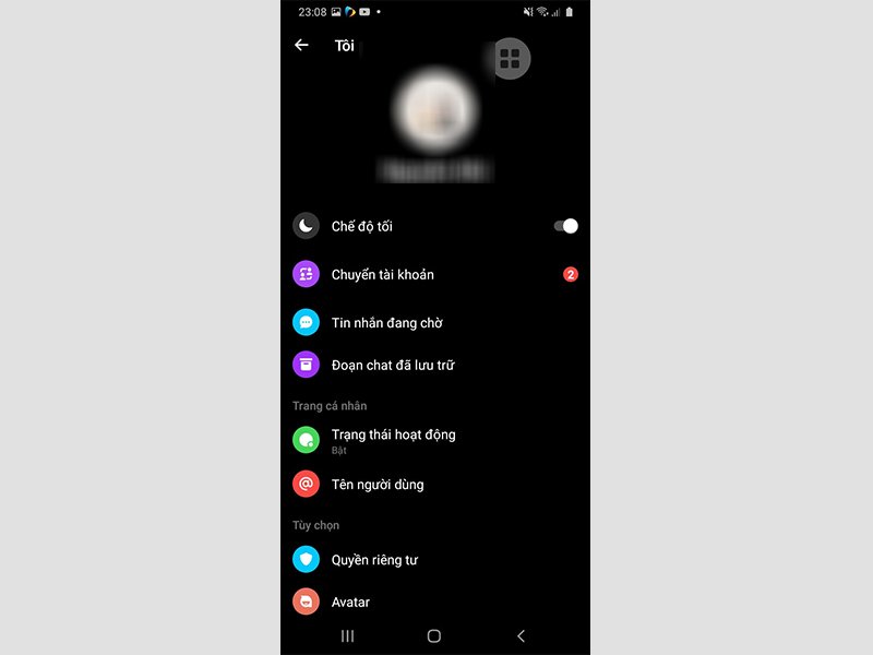 Giao diện Dark Mode Messenger trên điện thoại Android