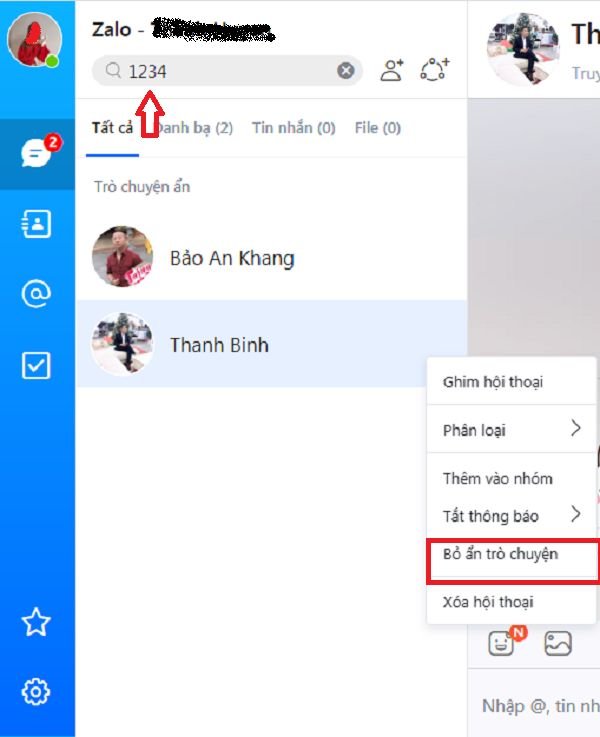 Tùy chọn bỏ ẩn trò chuyện Zalo trong menu ngữ cảnh
