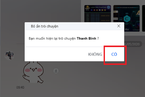 Xác nhận hành động bỏ ẩn trò chuyện Zalo trên máy tính