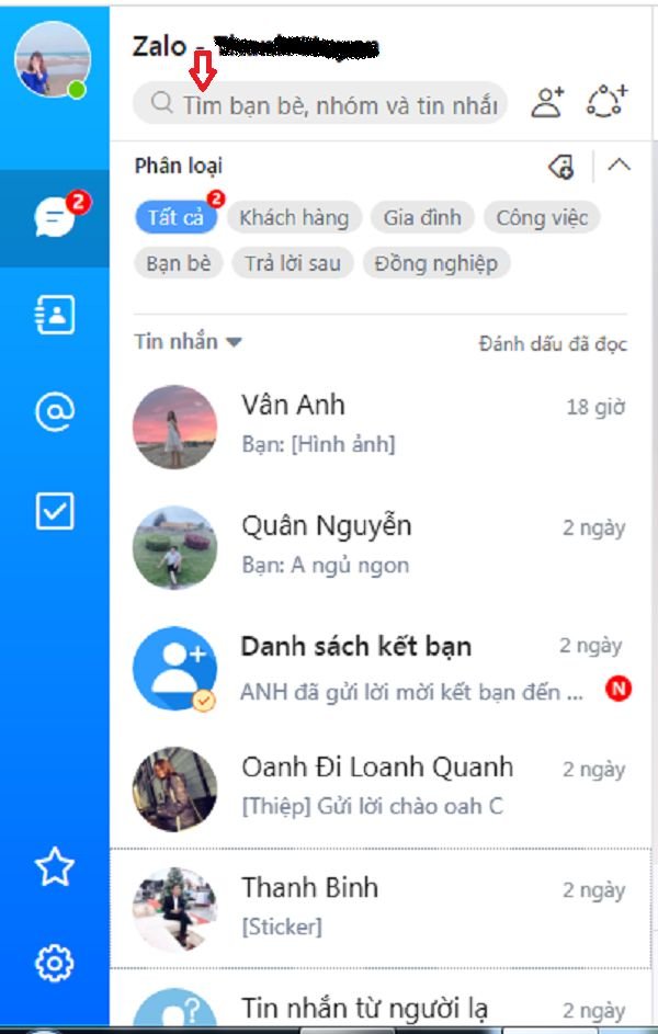 Giao diện Zalo trên máy tính sau khi đăng nhập