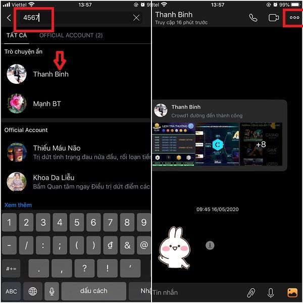 Giao diện tìm kiếm và nhập mã PIN để bỏ ẩn trò chuyện Zalo trên iPhone