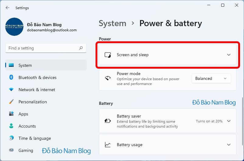 Giao diện Screen and sleep trong Settings trên Windows 11