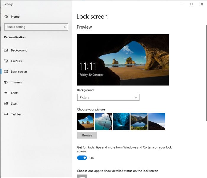 Win 10 Lock screen settings, Background dropdown with Picture option