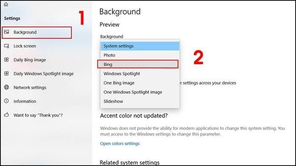 Chọn Bing làm nguồn hình nền tự động trên Dynamic Theme