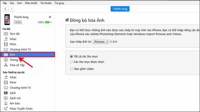 Chọn biểu tượng Ảnh trong iTunes