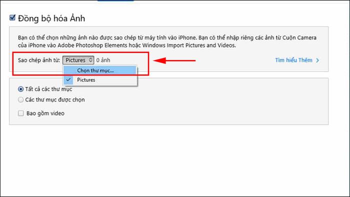 Chọn thư mục ảnh để đồng bộ qua iTunes