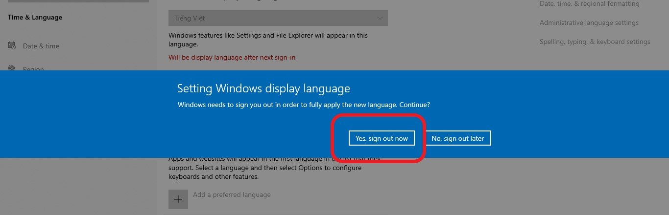 Đăng xuất để áp dụng thay đổi ngôn ngữ trên máy tính