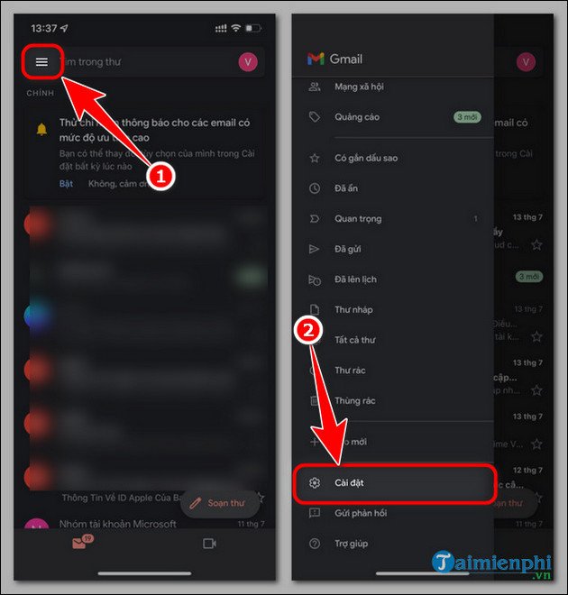 Menu ba gạch ngang của ứng dụng Gmail trên điện thoại