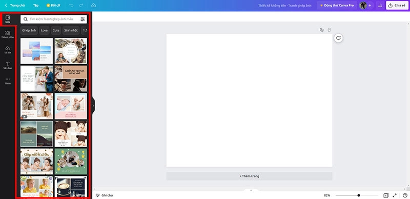Chọn mẫu ghép ảnh và tải ảnh lên Canva