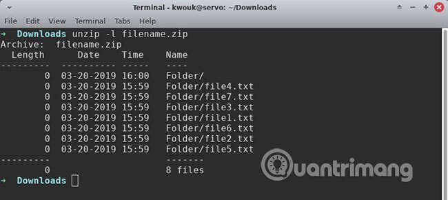 Xem trước nội dung file ZIP trong Terminal