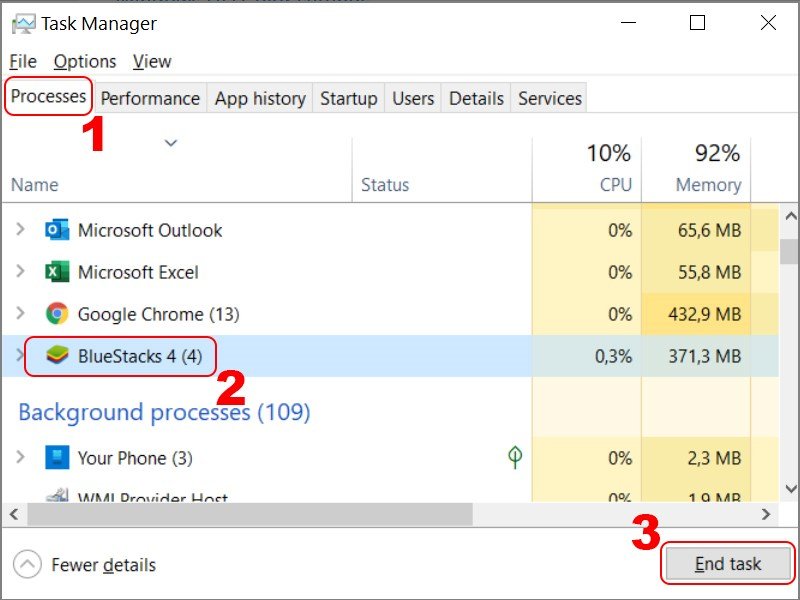 Kết thúc tiến trình Bluestacks trong Task Manager