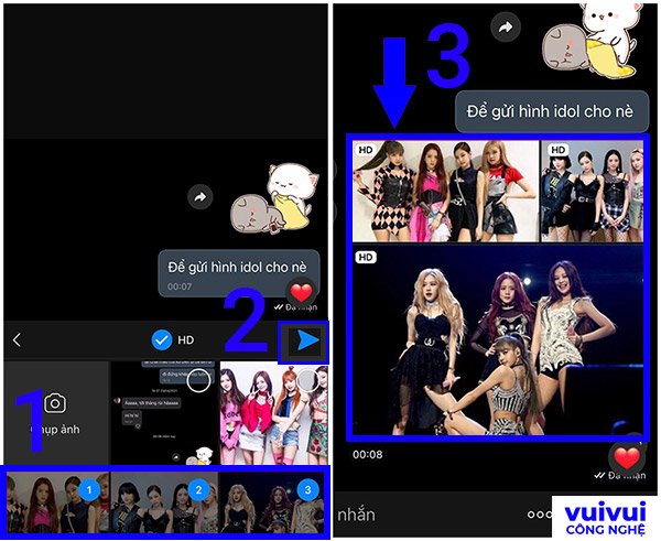 Giao diện gửi ảnh qua Zalo trên điện thoại di động