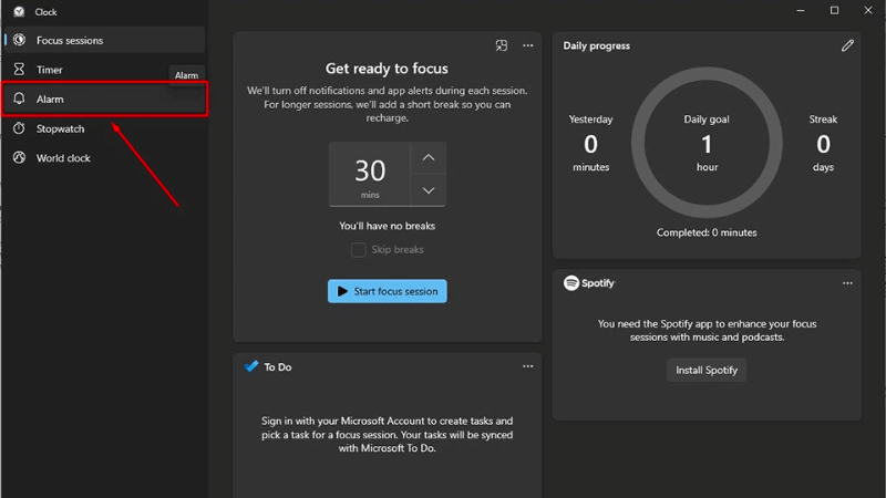 Chọn Alarm trong ứng dụng Clock để thiết lập báo thức trên laptop